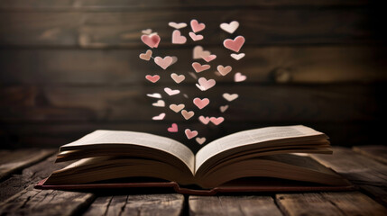 Hearts, wood and open book with love for literature, knowledge or information in light on surface. Notebook, poem or novel with icons or shapes for review, vote or feedback on story or written ledger