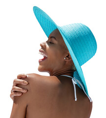 Portrait of happy woman wearing sun hat in hot summer. Seen from behind, with her hand on shoulder, isolated on white background. Concept for online shopping, booking travel, and summer beach holiday