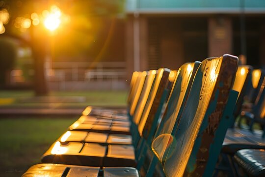 Unoccupied seats at church community center before evening event. Concept Church Community Center, Unoccupied Seats, Evening Event, Empty Chairs, Quiet Moment
