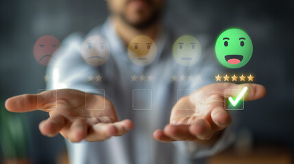 Business person analyzes customer experience satisfaction review data, striving to improve service...