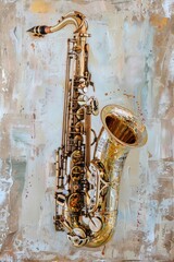 Close up on pale saxophone painting saxophonist chandelier. - obrazy, fototapety, plakaty