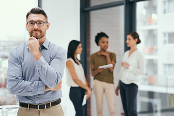 Businessman, portrait and thinking in office for leadership, planning and management decision....