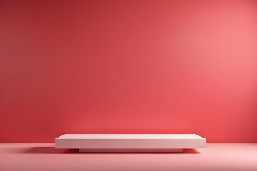 Empty podium or pedestal display on light red background with rectangular stand concept. Blank product shelf standing backdrop. 3D rendering.	