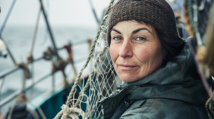 Woman with a fishing net on a boat, freezing but smiling with eyelashes batting