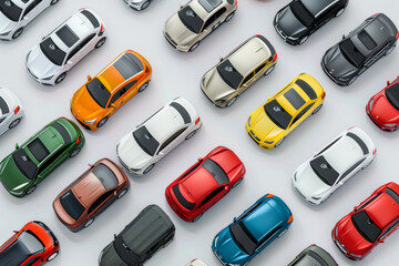 A lot of toy cars are placed on a white surface in rows.