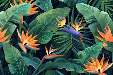 Fototapeta na wymiar Seamless pattern of tropical flowers and leaves on dark background