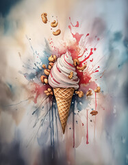 A vibrant artwork of an ice cream cone amidst a colorful explosion, surrounded by floating cashews