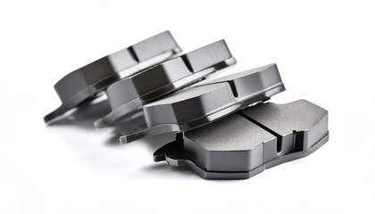Close-up of metallic brake pads, isolated on a white background