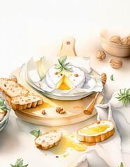 Watercolor painting of various cheeses, a knife, and herbs on a wooden board. The art is detailed, vibrant, and appetizing
