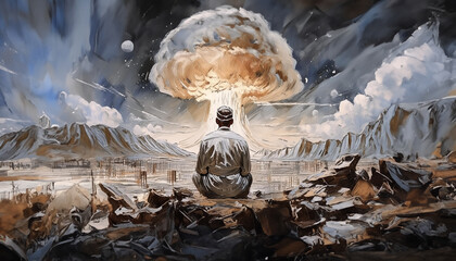 A man observes a nuclear explosion amidst mountains, dark clouds loom, creating a dramatic and ominous atmosphere