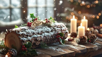 Warm Yulefest scene with decorated Yule log, candles, and snowy window.  Set a festive mood with a sugared Yule log, glowing candles, and gentle snowfall.
