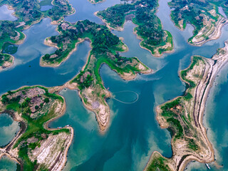 Aerial view of islands in Kaptai Lake in Rangamati District of Chittagong Division in Bangladesh. ...