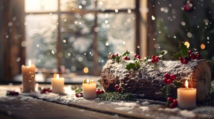 Warm Yulefest scene with decorated Yule log, candles, and snowy window.  Set a festive mood with a sugared Yule log, glowing candles, and gentle snowfall.