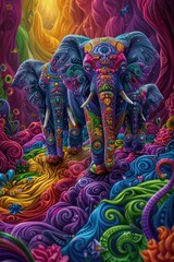 Naklejka premium An image of three psychedelic elephants walking through a field of flowers.