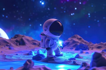 Cute astronaut survey on the moon background cartoon astronomy outdoors