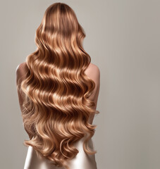 Fototapeta premium Girl with long wavy blond hair on a light background
