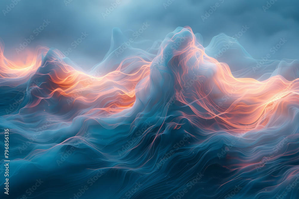 Poster ethereal waves glowing softly, suitable for themes related to cloud technology and data storage,