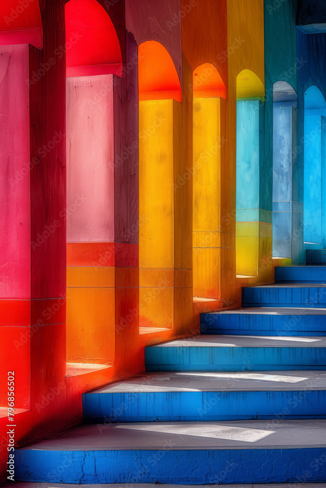 Leinwandbilder Create a dynamic abstract scene with intersecting lines and angles that give the impression of continuous movement, employing primary colors,