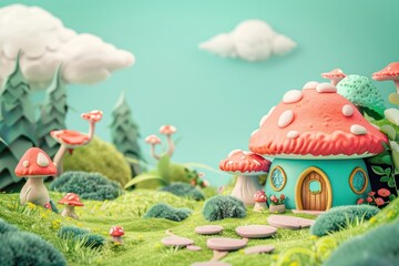 Cute troll background mushroom outdoors cartoon - obrazy, fototapety, plakaty