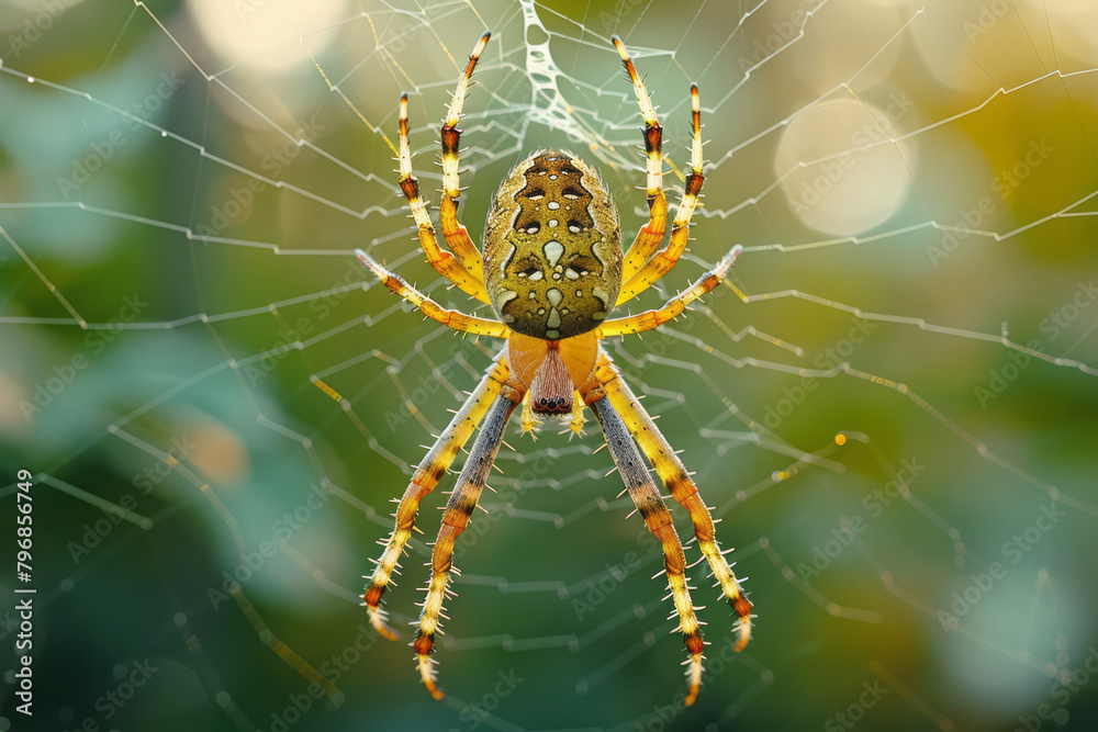 Poster an orb-weaver spider in the center of its web, waiting patiently for prey,