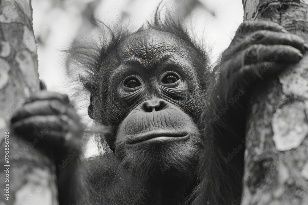 Wall mural An orangutan in Borneo, swinging from tree to tree, a baby clinging to her as she moves,