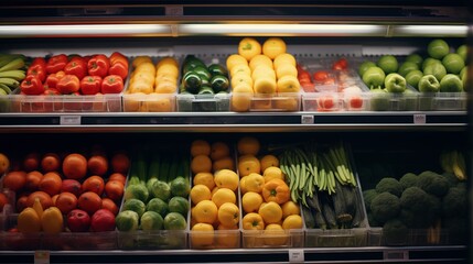 Fruits and vegetables in the refrigerated shelf of a supermarket.