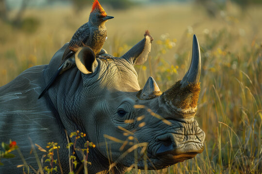 An oxpecker perched on a rhino's back, picking off parasites in a symbiotic relationship.