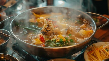 A hot pot bubbling with flavorful broth and a variety of fresh ingredients, creating a tantalizing haze