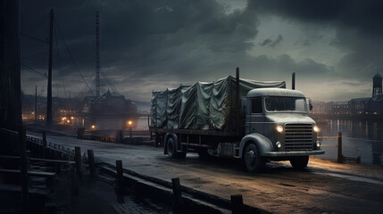 Cargo truck driving in the night or sundown. Transportation industry scene with long haul car.