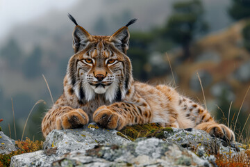 Fototapeta premium An Iberian lynx, recently rebounding from the brink of extinction, marked by its distinctive beard and tufted ears,