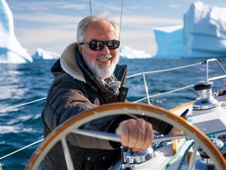 A man is steering a boat in the ocean