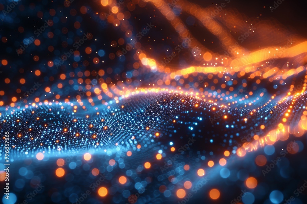 Poster digital landscape created with numerous glowing dots forming a flowing wave-like pattern denoting co