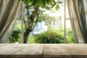 Empty wood table top with green garden background for product display.