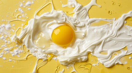 Egg yolk and milk splashes on yellow background, top view - obrazy, fototapety, plakaty