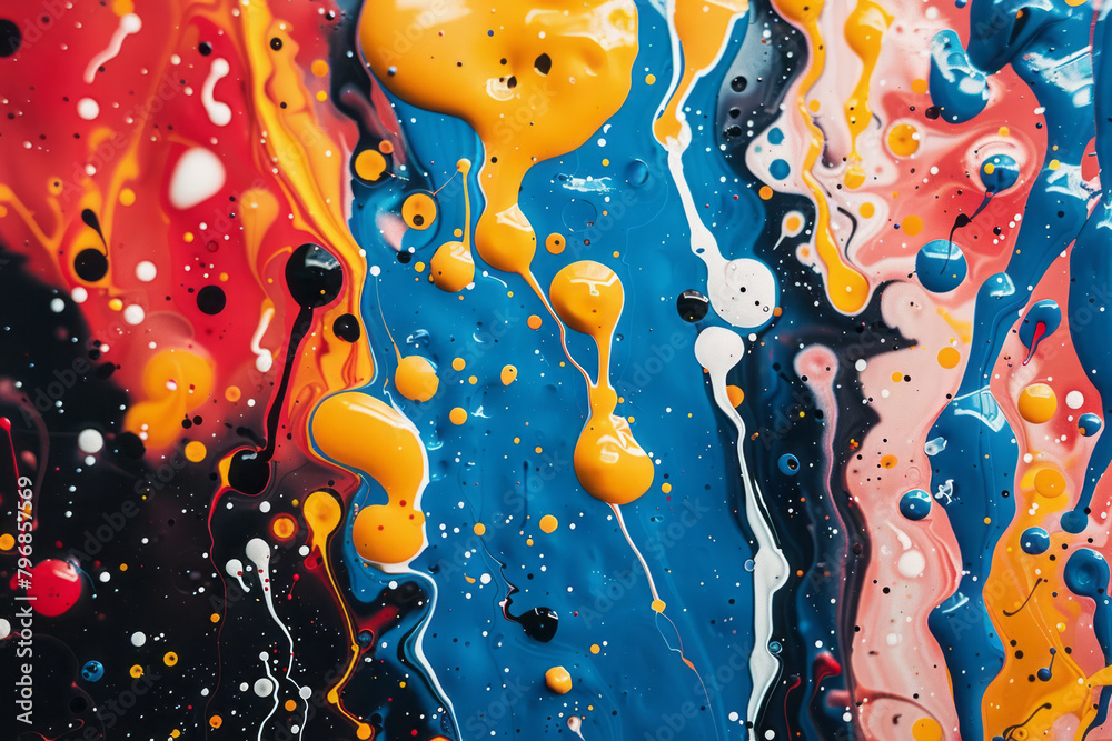 Fototapete An abstract pattern of exploding paint splatters, each droplet a different vibrant hue, ideal for creative arts marketing,