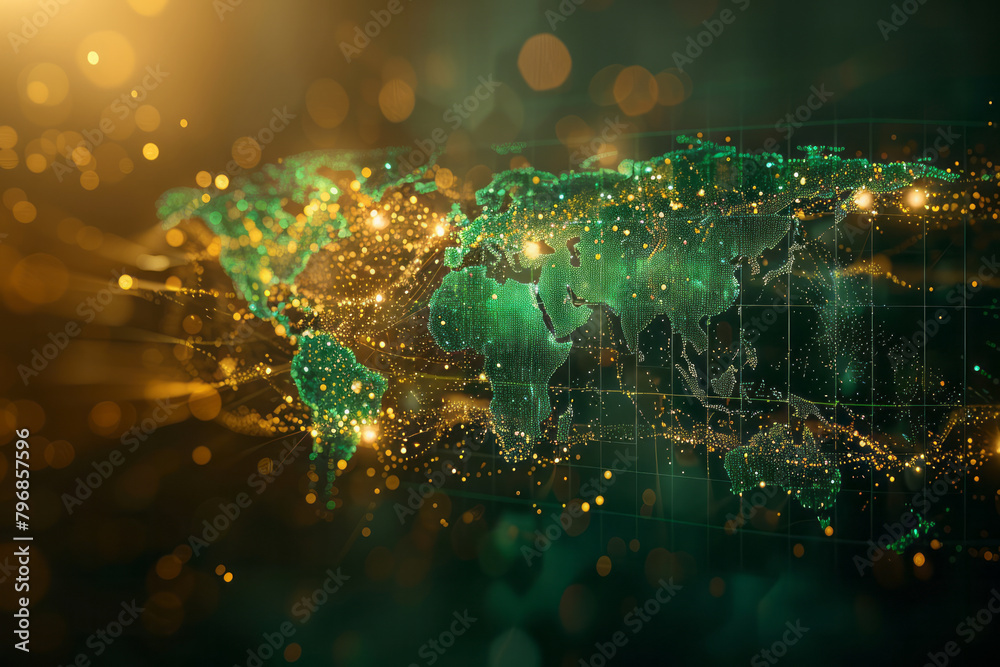 Poster A world map with continents fragmenting and digitally dispersing like particles blown by the wind,