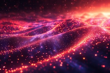 A vivid depiction of a dynamic red and purple particle wave field with a glowing, flowing essence, representing alive and vibrant digital energy