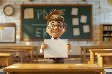 3D animated teacher character in a classroom setting, holding a blank diploma, perfect for educational program advertisements