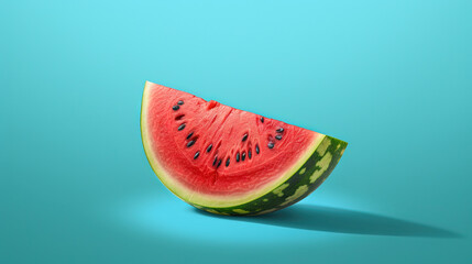 Juicy red watermelon slice on teal background. Summer sweet fruit.
