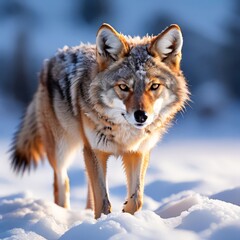 Naklejka premium Portrait of a wild wolf in winter forest. Wildlife scene from nature. AI generated