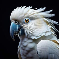 Portrait of a beautiful white parrot on a dark background. AI generated