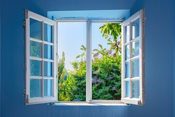 Open window to the back yard with blue wall.