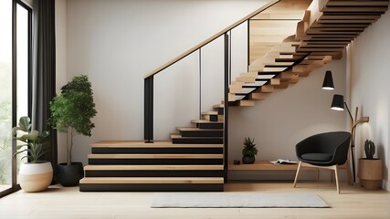  A digital illustration of a contemporary staircase with a black modern handrail and wooden oak handrail, emphasizing modern design aesthetics