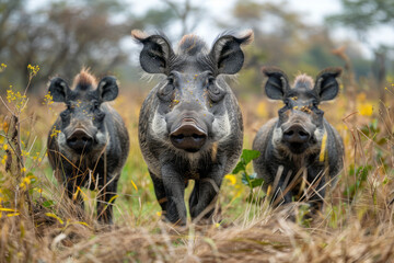 Fototapeta premium A warthog family foraging for roots, their tails erect and tufted with excitement,