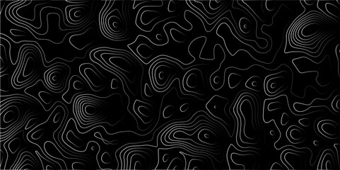  Contour map wavy background. Abstract Geographic Gradient line mountain on Black background. Geography scheme and terrain. Topography grid map. Stylized topographic contour map backdrop.
