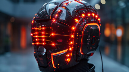 A virtual reality helmet designed like a human brain, with sections lighting up during use,