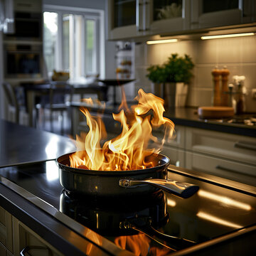 A kitchen fire, with flames engulfing a pan on a modern stove. 
