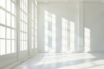 White room  glass windows  combined with the sunlight on the wall.