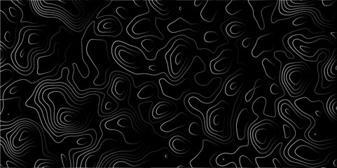  Contour map wavy background. Abstract Geographic Gradient line mountain on Black background. Geography scheme and terrain. Topography grid map. Stylized topographic contour map backdrop.