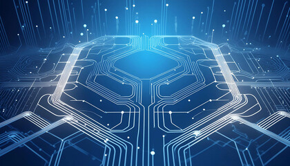 Hi tech digital circuit board, on blue lighting background, illustration. 